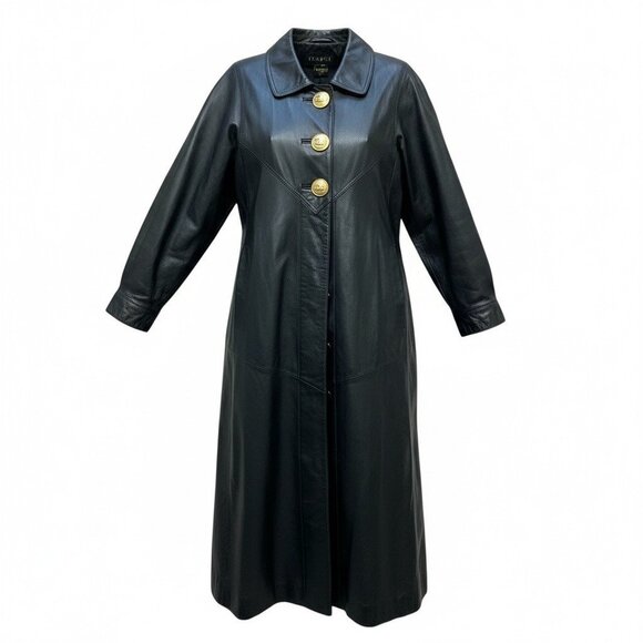 Womens Black Leather Long Trench Coat Gold Button NOS Goth Matrix Steampunk - Picture 5 of 12